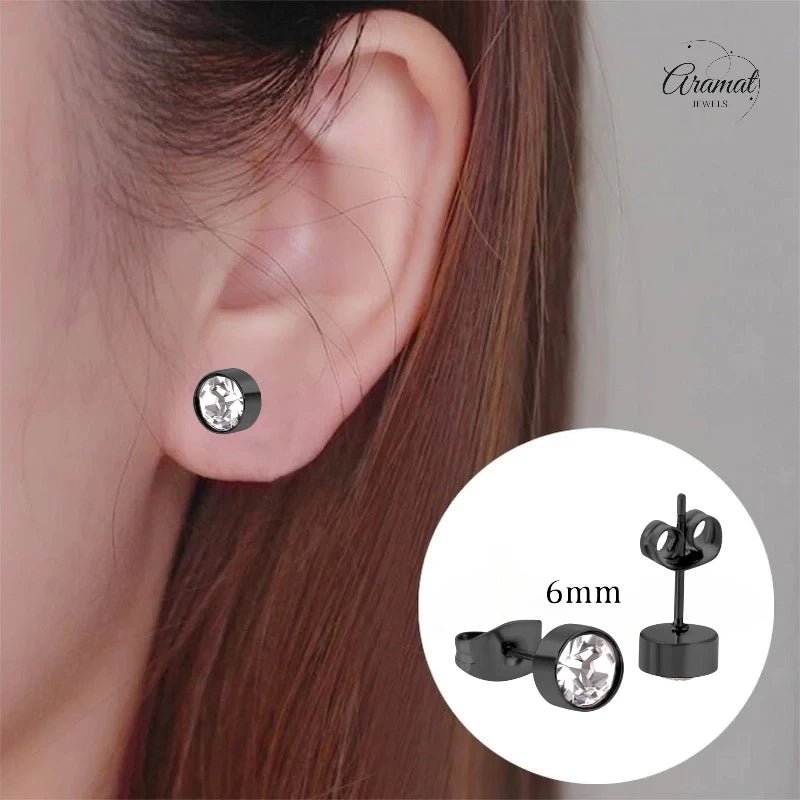 Zwarte Stalen Oorbellen met Kristal | 6mm -