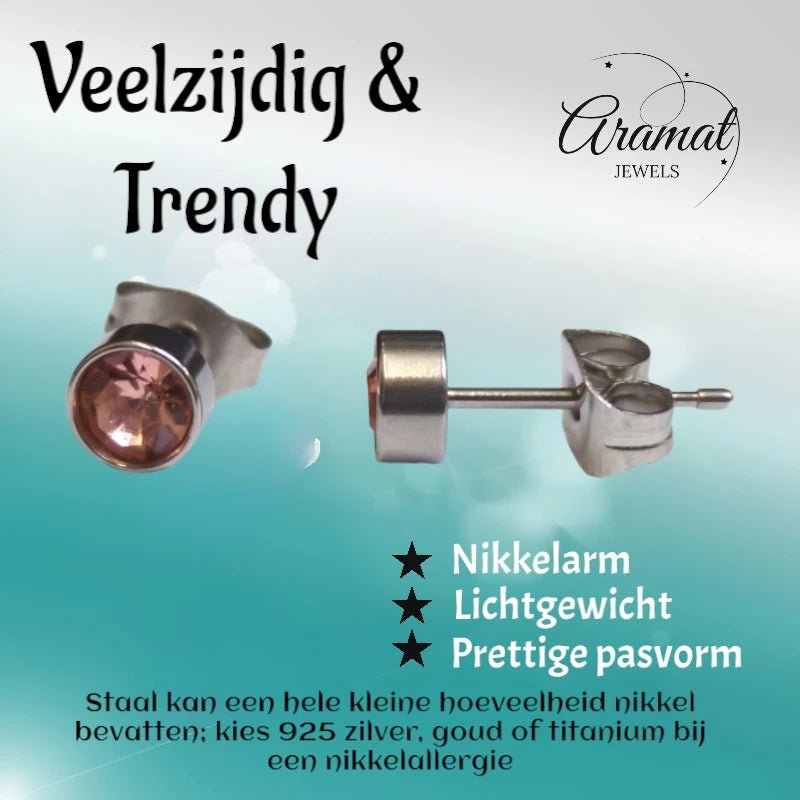 Stalen Oorbellen Licht Roze Kristal 5mm -