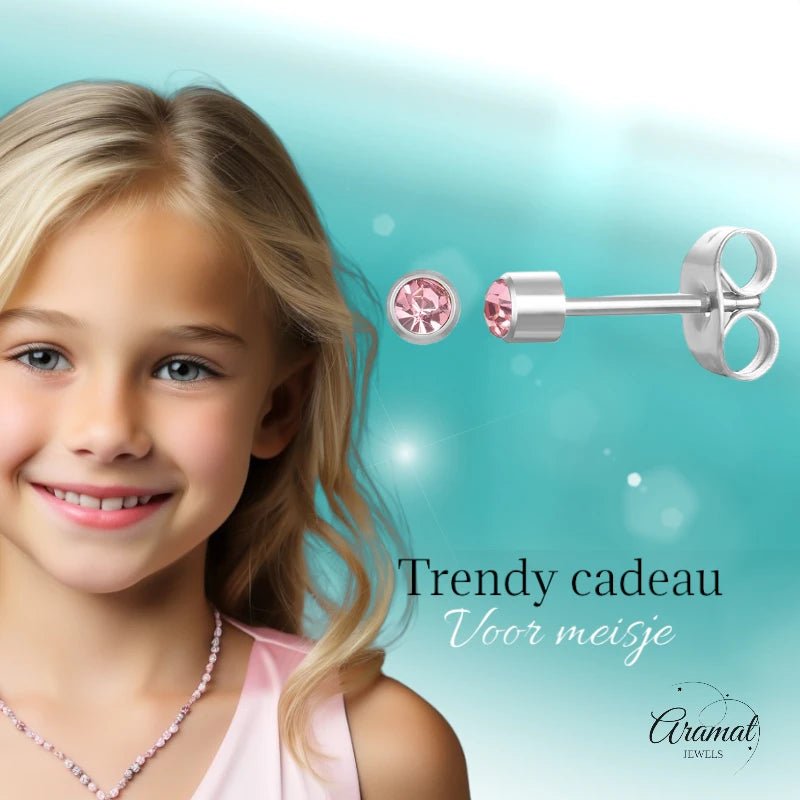 Mini Oorbellen 3mm Licht Roze Kristal | RVS -