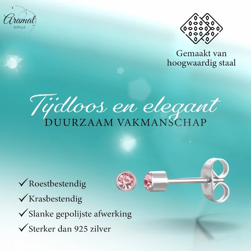 Mini Oorbellen 3mm Licht Roze Kristal | RVS -