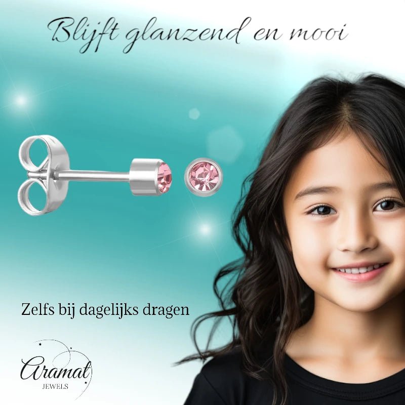 Mini Oorbellen 3mm Licht Roze Kristal | RVS -
