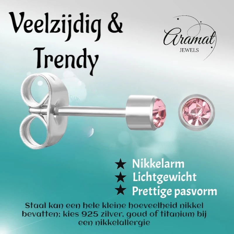 Mini Oorbellen 3mm Licht Roze Kristal | RVS -