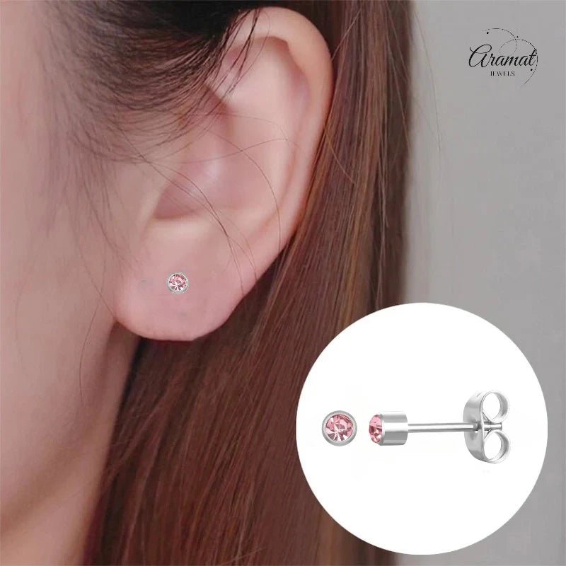 Mini Oorbellen 3mm Licht Roze Kristal | RVS -