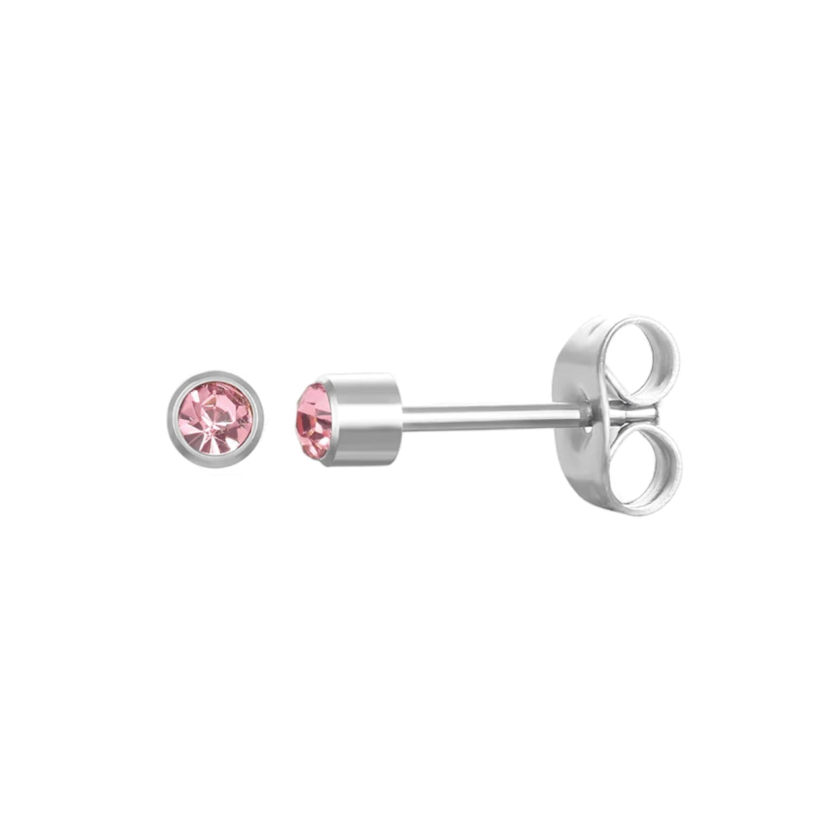 Mini Oorbellen 3mm Licht Roze Kristal | RVS -