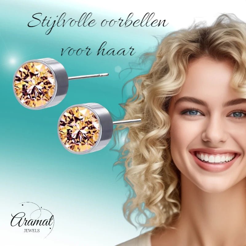 Stalen Oorbellen Champagne Kristal 6mm -