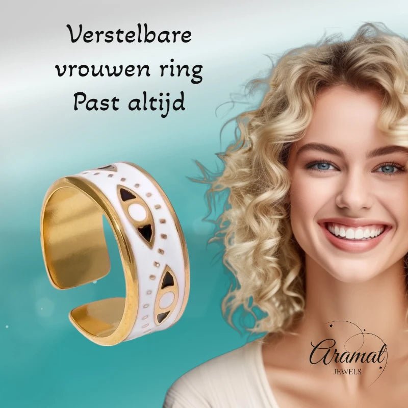 Stalen Damesring - Boze Oog - 8,5mm - Verstelbaar - Goudkleur -
