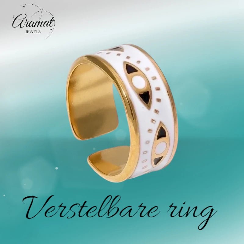 Stalen Damesring - Boze Oog - 8,5mm - Verstelbaar - Goudkleur -