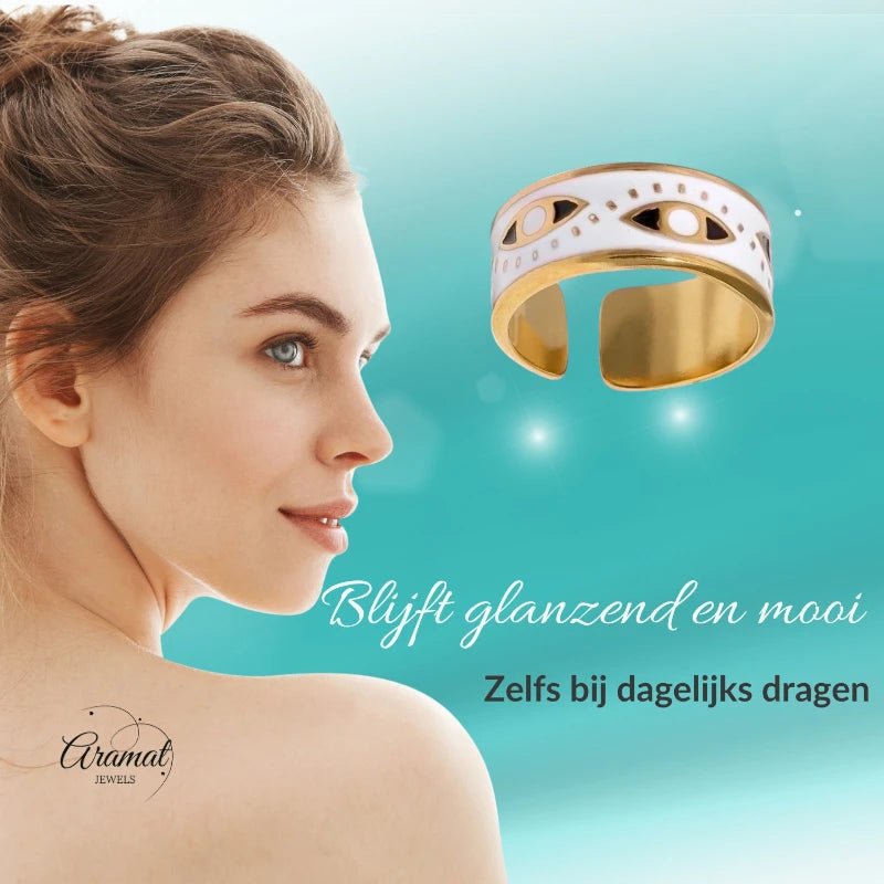 Stalen Damesring - Boze Oog - 8,5mm - Verstelbaar - Goudkleur -