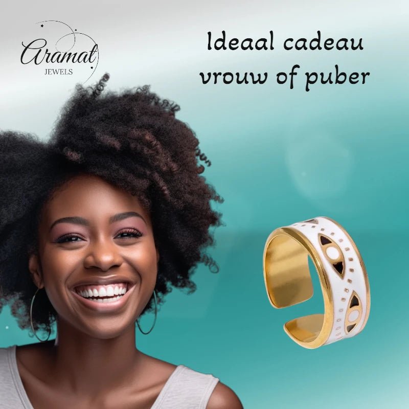 Stalen Damesring - Boze Oog - 8,5mm - Verstelbaar - Goudkleur -