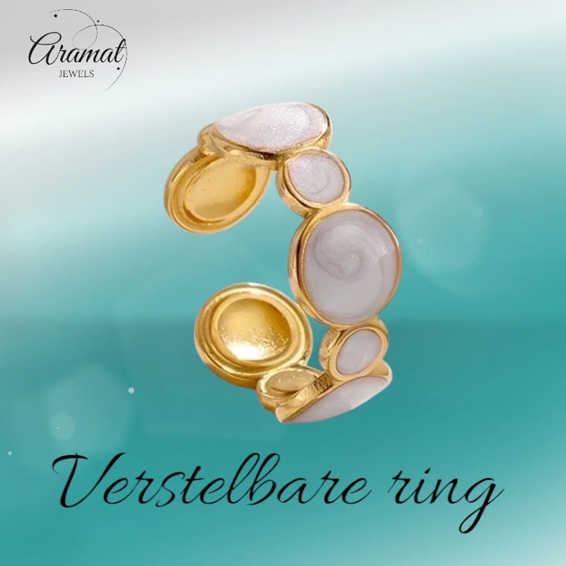 Stalen Damesring - Cirkelmotief - Parelmoer Emaille - 8mm - RVS - Goudkleur -