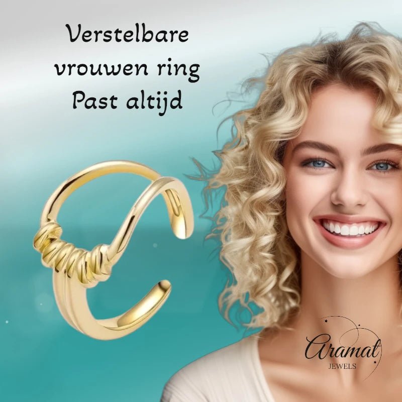 Stalen Damesring - Lusmotief - Verstelbaar - 14mm - RVS - Goudkleur -