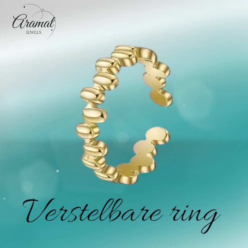Stalen Damesring - Ovale Blokjes - Verstelbaar - 6mm - RVS - Goudkleur -
