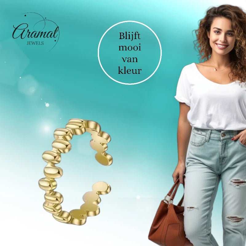 Stalen Damesring - Ovale Blokjes - Verstelbaar - 6mm - RVS - Goudkleur -