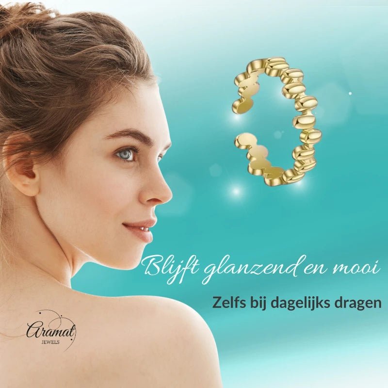 Stalen Damesring - Ovale Blokjes - Verstelbaar - 6mm - RVS - Goudkleur -