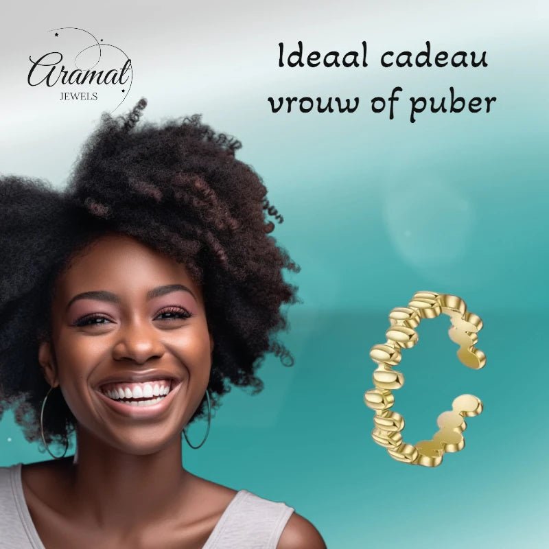 Stalen Damesring - Ovale Blokjes - Verstelbaar - 6mm - RVS - Goudkleur -