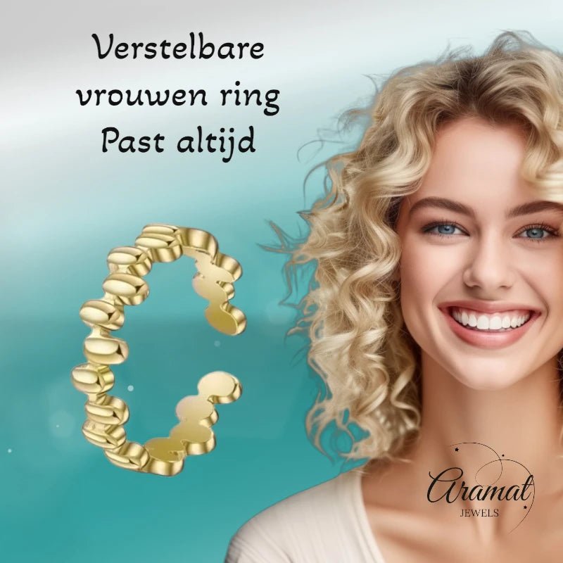 Stalen Damesring - Ovale Blokjes - Verstelbaar - 6mm - RVS - Goudkleur -
