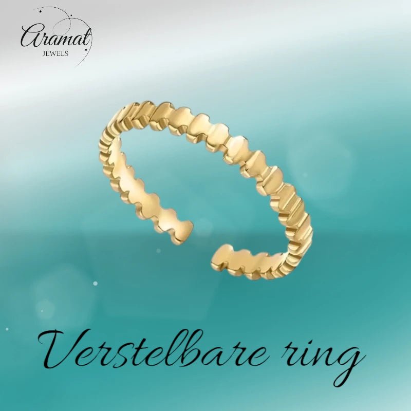 Stalen Damesring - Blokjesmotief - Verstelbaar - 3,5mm - RVS - Goudkleur -