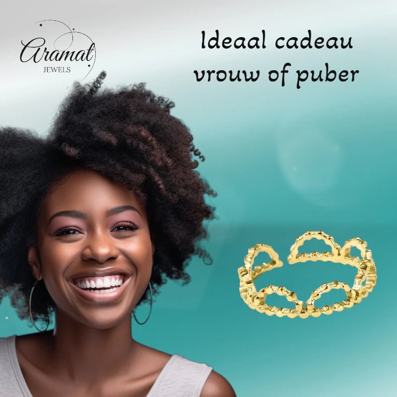 Stalen Damesring - Halve Maantjes - Verstelbaar - 5mm - RVS - Goudkleur -