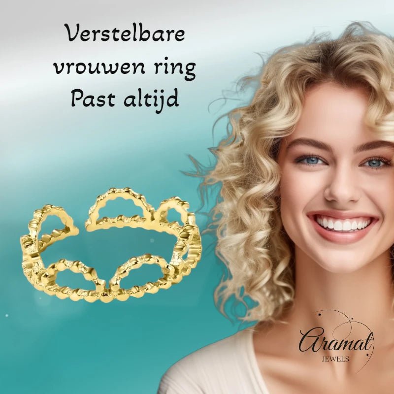 Stalen Damesring - Halve Maantjes - Verstelbaar - 5mm - RVS - Goudkleur -
