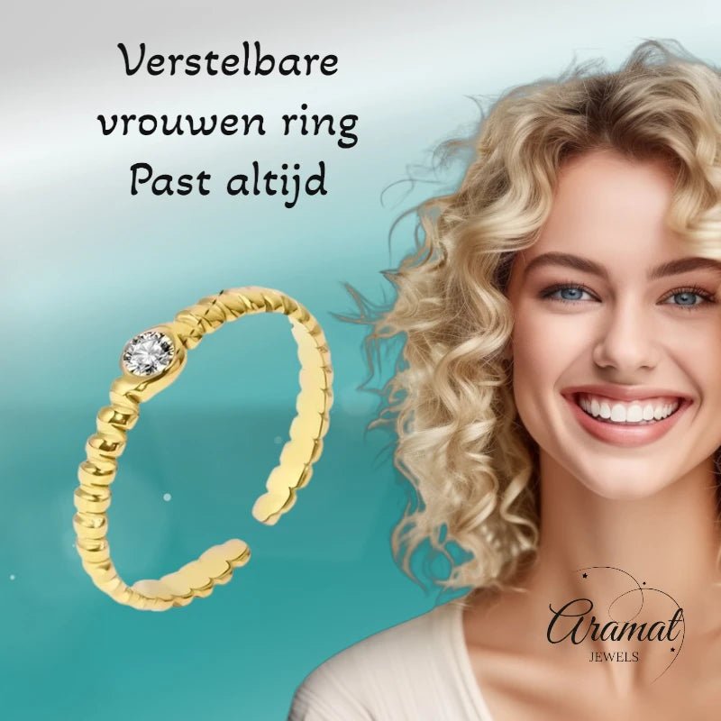 Stalen Damesring - Steentje & Streepjesmotief - Verstelbaar - 4mm - RVS - Goudkleur -