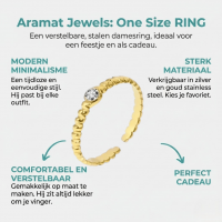Stalen Damesring - Steentje & Streepjesmotief - Verstelbaar - 4mm - RVS - Goudkleur -