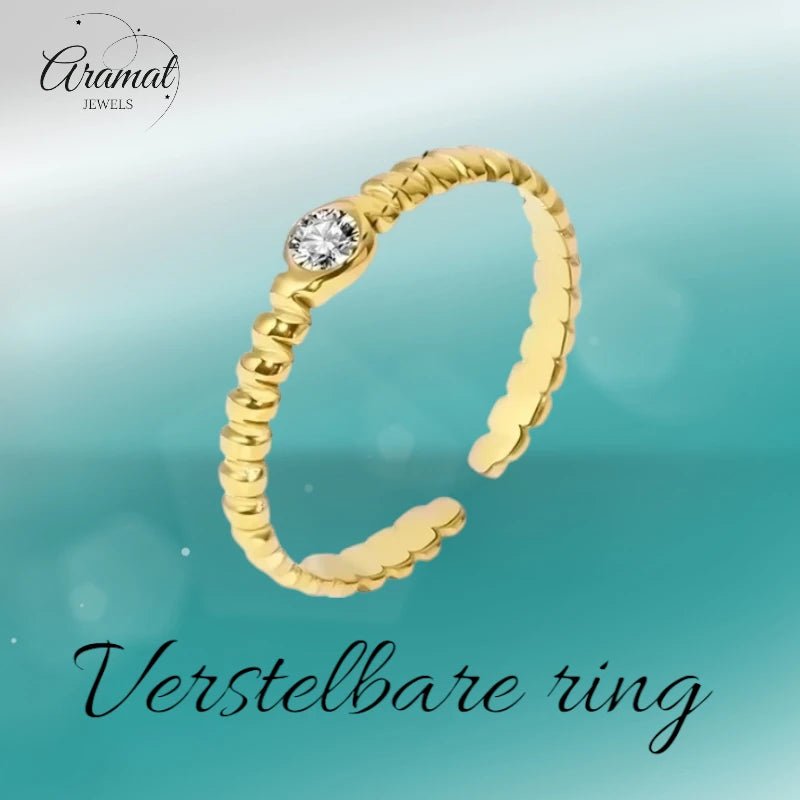 Stalen Damesring - Steentje & Streepjesmotief - Verstelbaar - 4mm - RVS - Goudkleur -