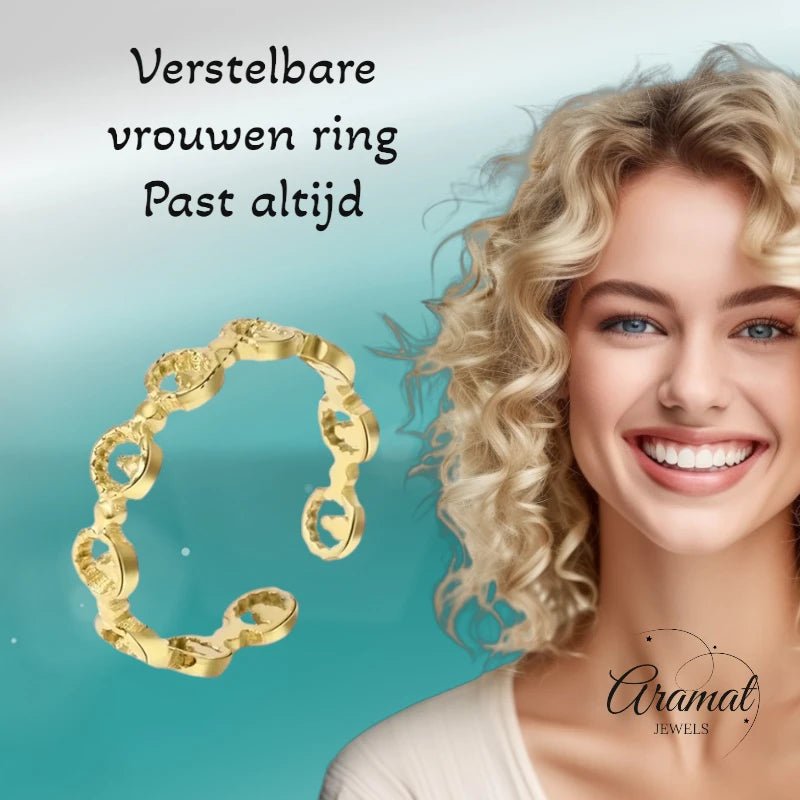 Stalen Damesring - Cirkelmotief - Verstelbaar - 4mm - RVS - Goudkleur -