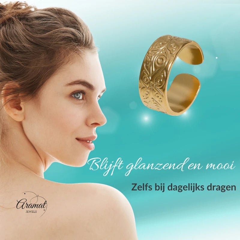 Stalen Damesring met Motief - Verstelbaar - 8mm - RVS - Goudkleur -