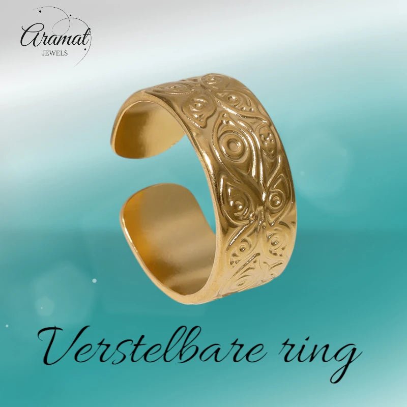 Stalen Damesring met Motief - Verstelbaar - 8mm - RVS - Goudkleur -