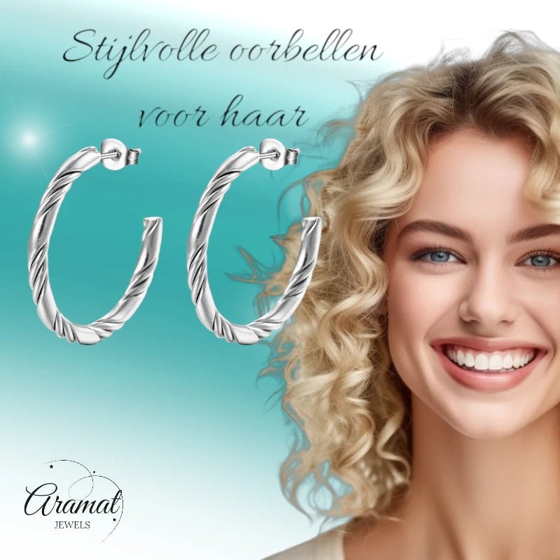 Halve Twisted Hoepel Oorstekers 30mm - Zilverkleur - RVS -