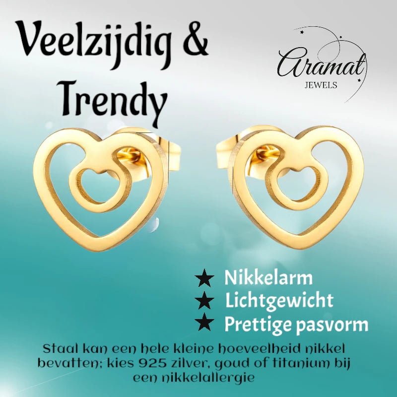 Goudkleurige Hartjes Oorbellen - RVS - 9mm -