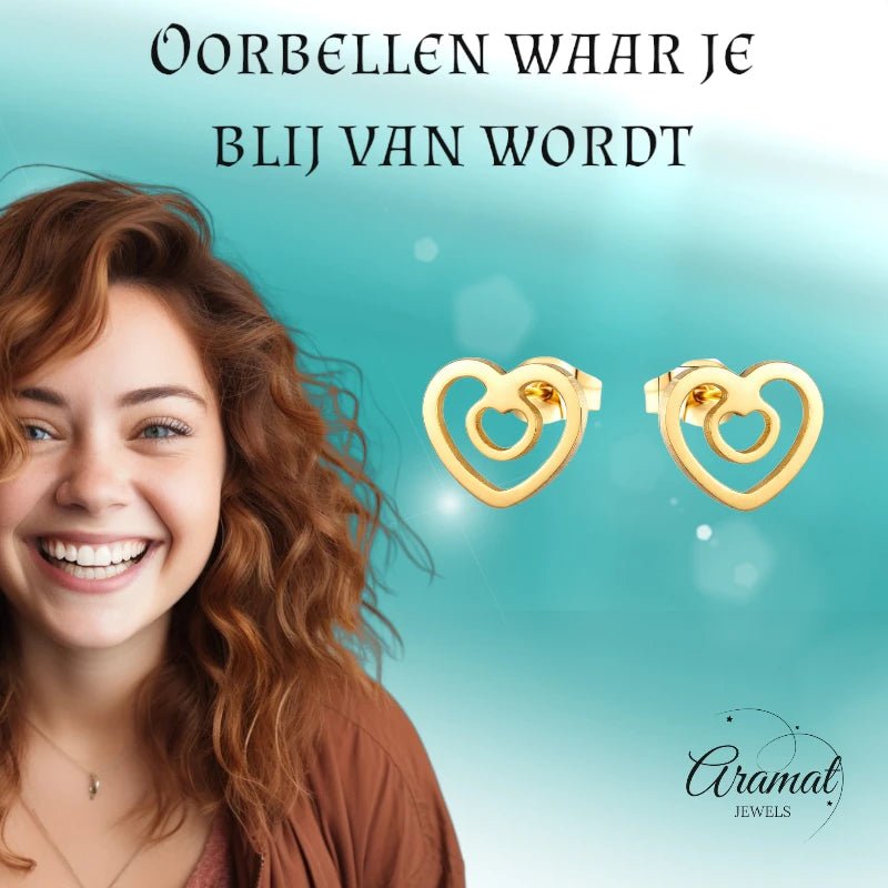 Goudkleurige Hartjes Oorbellen - RVS - 9mm -