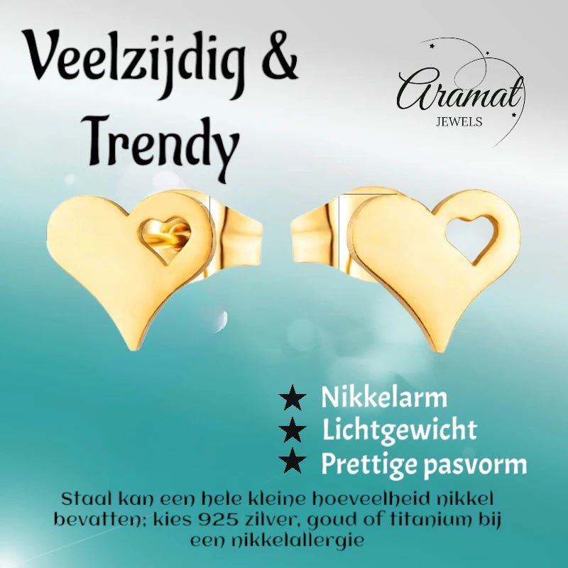 Stalen Hartjes Oorbellen 9x8mm - Goldplated - Tijdloos Design -