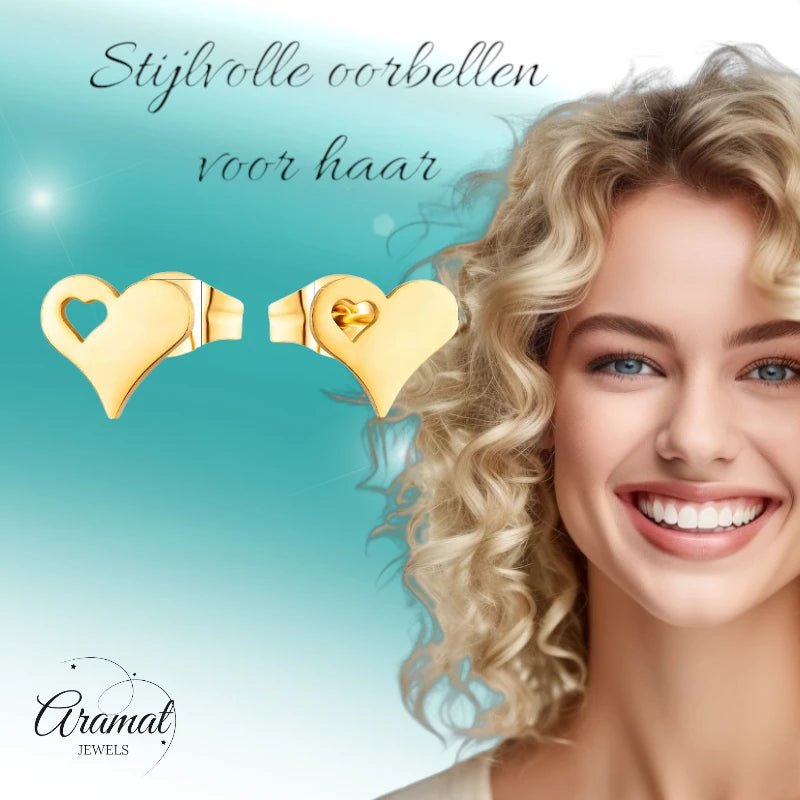 Stalen Hartjes Oorbellen 9x8mm - Goldplated - Tijdloos Design -