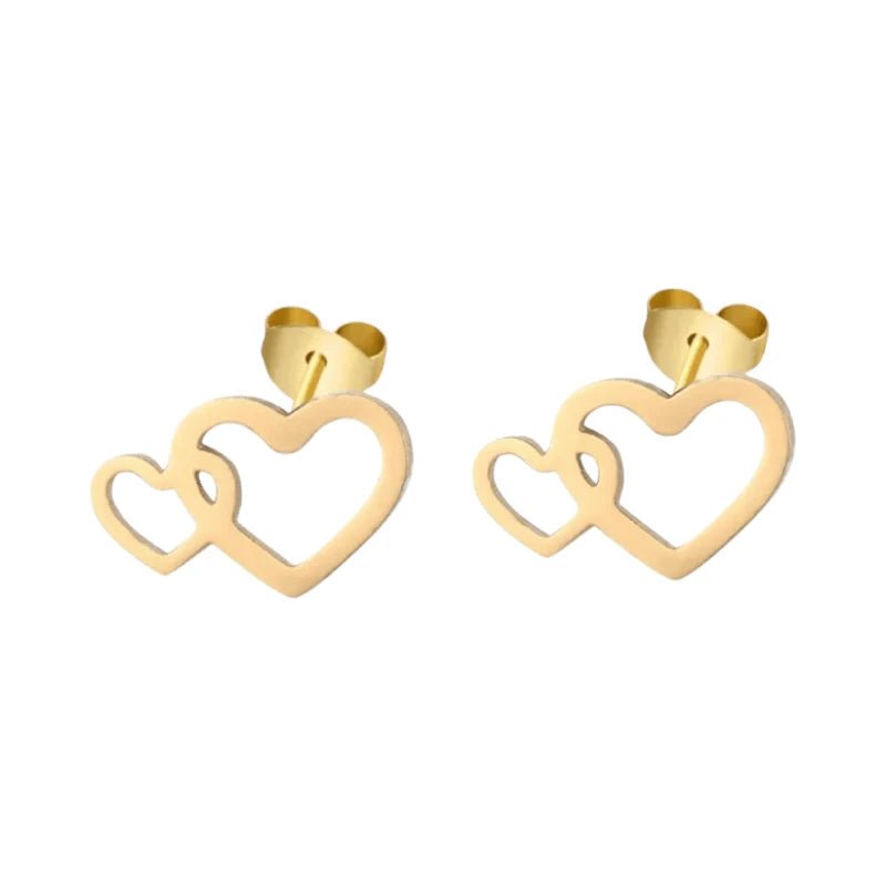 Stalen Hartjes Oorbellen 9x6mm - Goudkleur - Dubbele Harten -