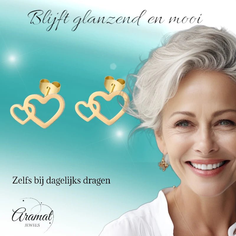 Stalen Hartjes Oorbellen 9x6mm - Goudkleur - Dubbele Harten -