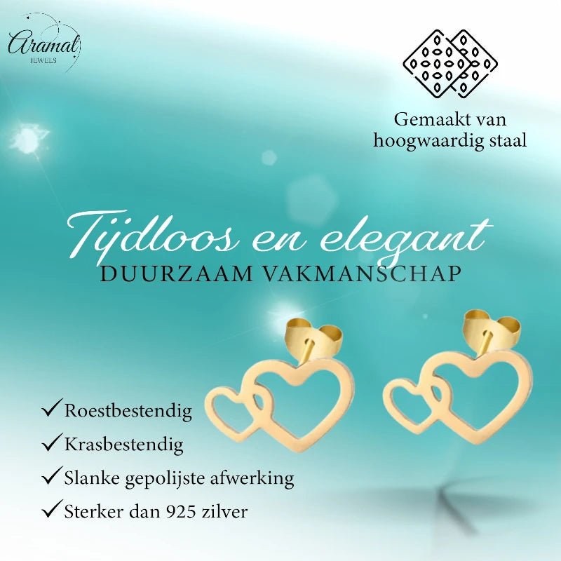 Stalen Hartjes Oorbellen 9x6mm - Goudkleur - Dubbele Harten -