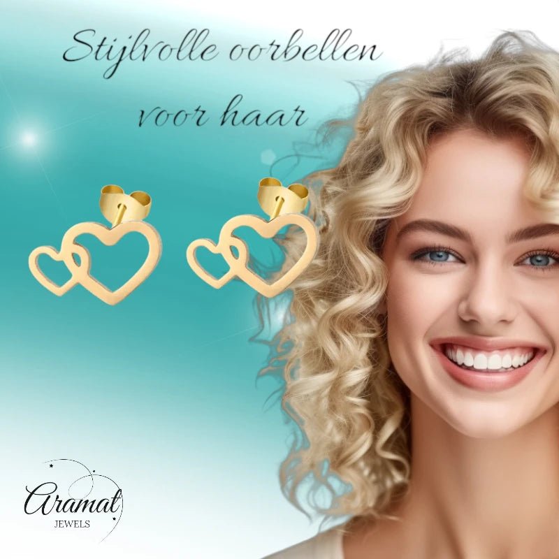 Stalen Hartjes Oorbellen 9x6mm - Goudkleur - Dubbele Harten -