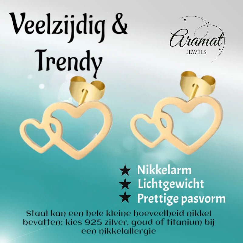 Stalen Hartjes Oorbellen 9x6mm - Goudkleur - Dubbele Harten -