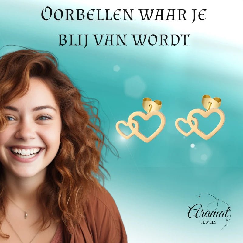 Stalen Hartjes Oorbellen 9x6mm - Goudkleur - Dubbele Harten -