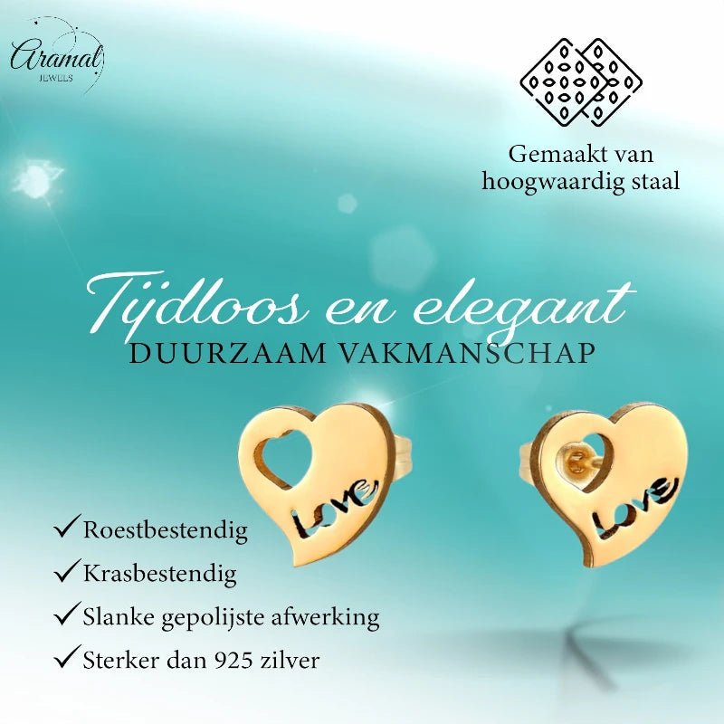Stalen Hartjes Oorbellen 9x8mm - Goudkleur - Love Design -