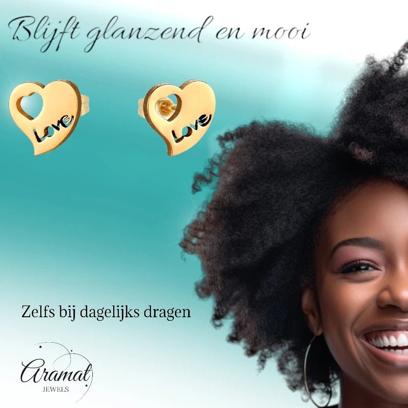 Stalen Hartjes Oorbellen 9x8mm - Goudkleur - Love Design -