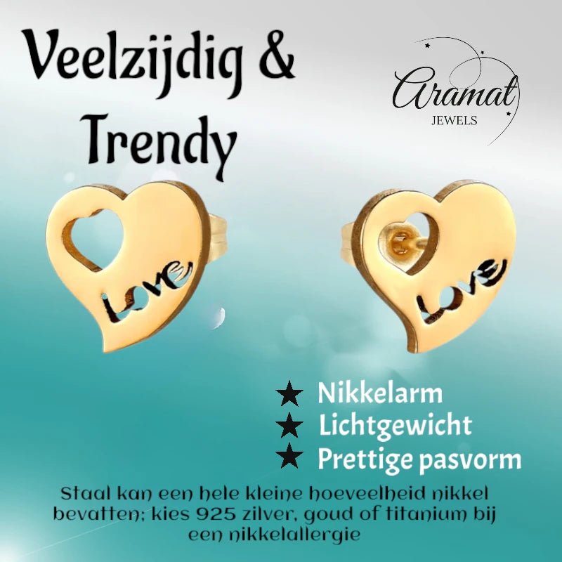 Stalen Hartjes Oorbellen 9x8mm - Goudkleur - Love Design -