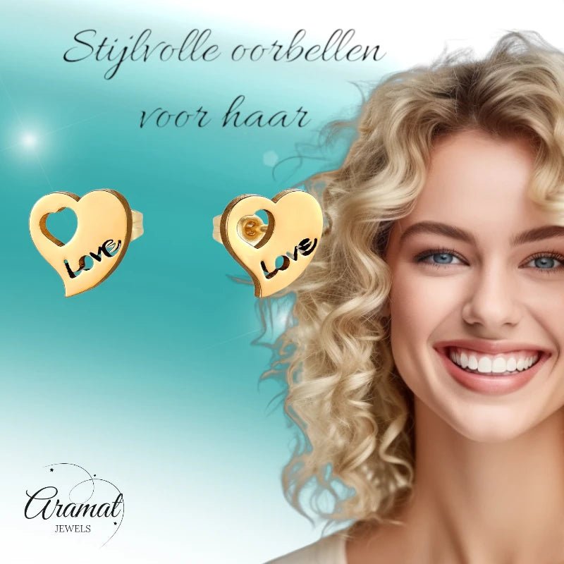 Stalen Hartjes Oorbellen 9x8mm - Goudkleur - Love Design -