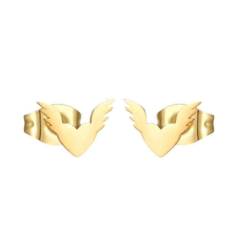 Stalen Hartjes Oorbellen 10x7mm - Goudkleur - Vleugels -