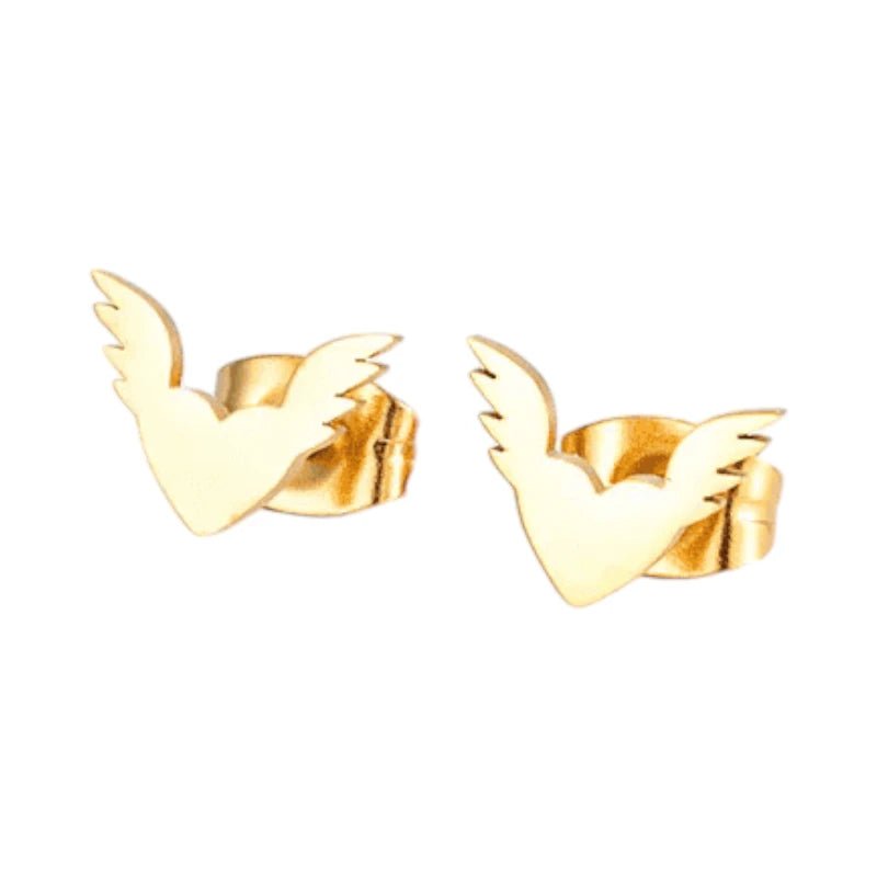Stalen Hartjes Oorbellen 10x7mm - Goudkleur - Vleugels -