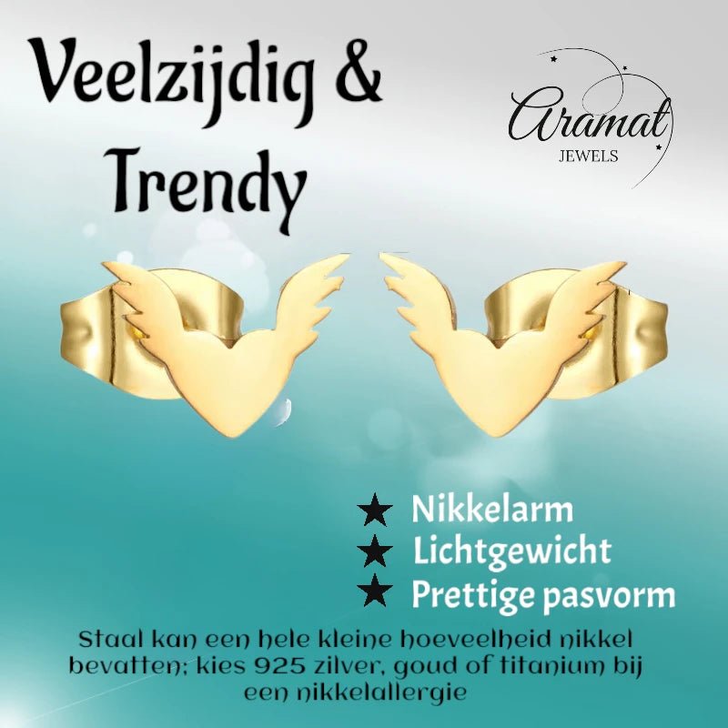 Stalen Hartjes Oorbellen 10x7mm - Goudkleur - Vleugels -