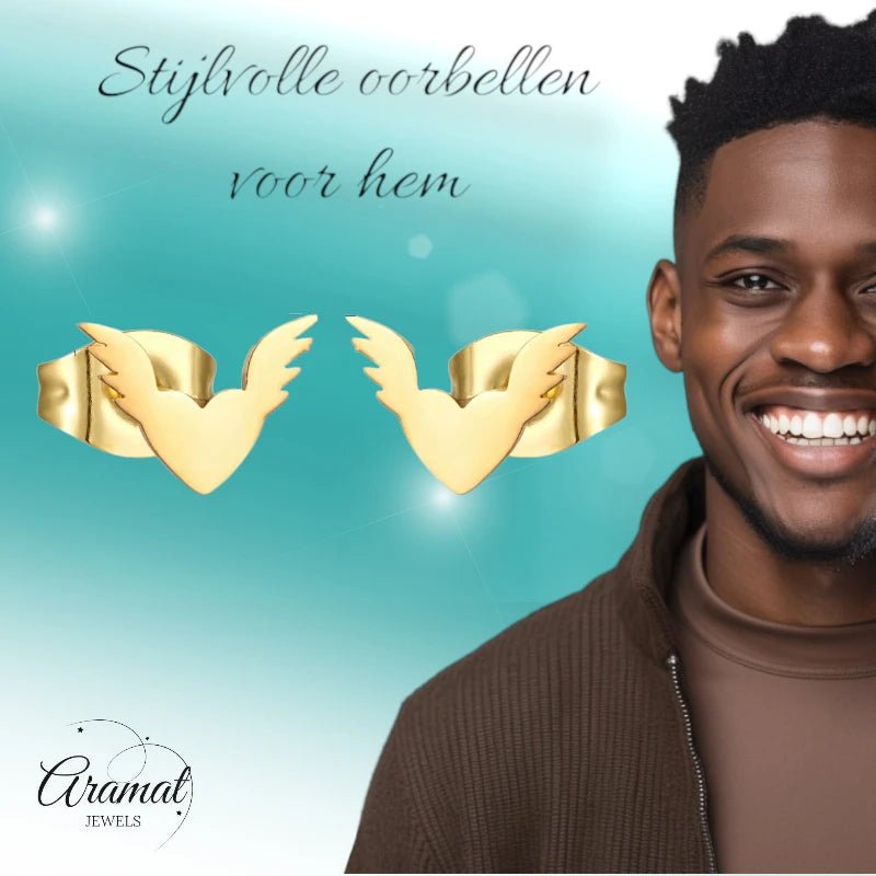 Stalen Hartjes Oorbellen 10x7mm - Goudkleur - Vleugels -