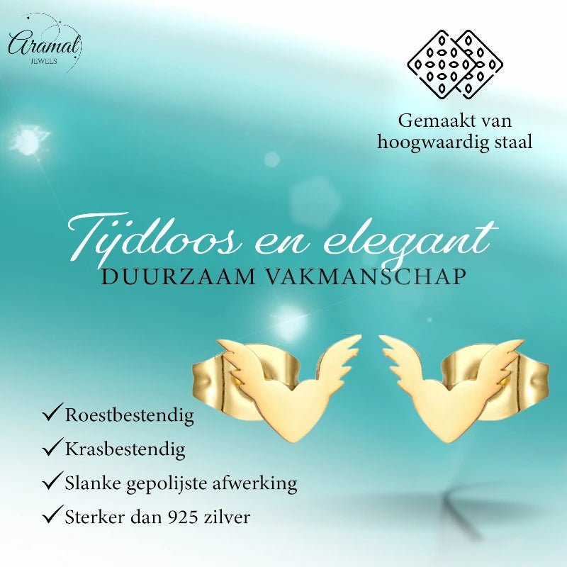Stalen Hartjes Oorbellen 10x7mm - Goudkleur - Vleugels -