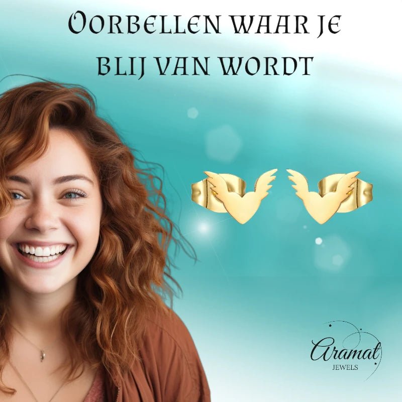 Stalen Hartjes Oorbellen 10x7mm - Goudkleur - Vleugels -